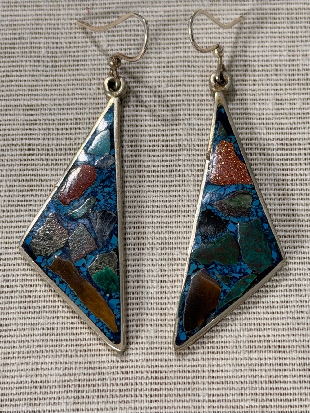 Sterling Silver Blue Mosaic Inlay Triangle Drop Earrings multi stone unsigned